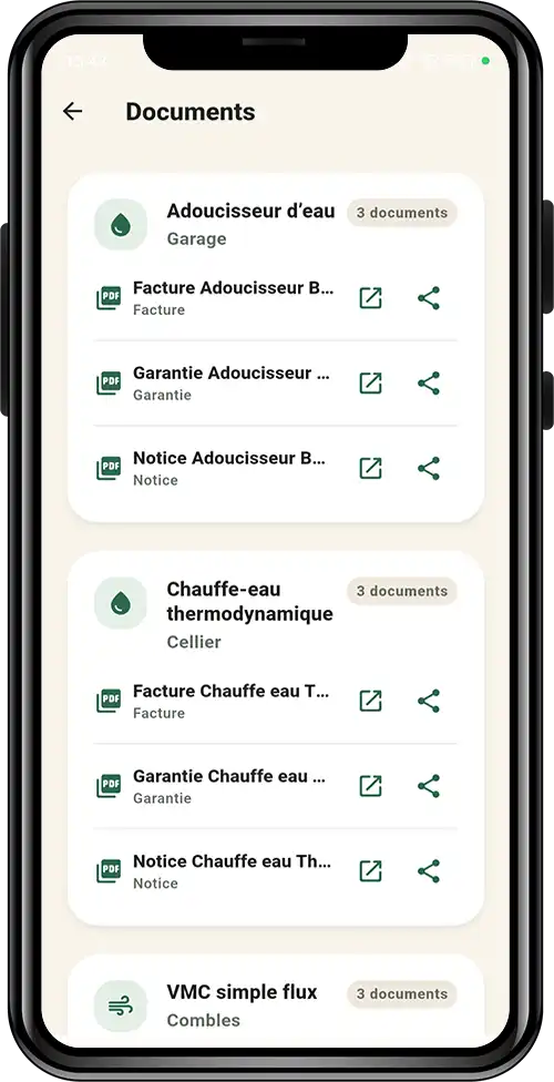 Documents associés aux équipements dans Carnet Entretien Maison