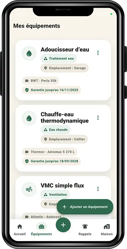 Liste des équipements dans Carnet Entretien Maison