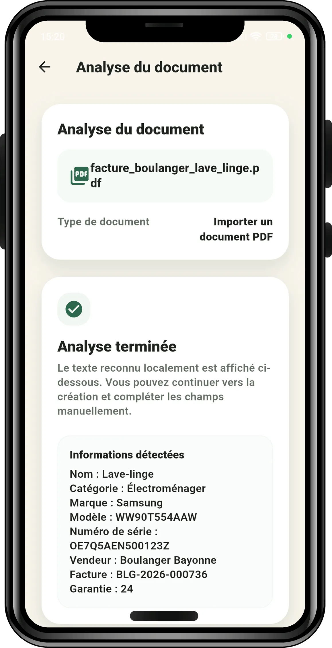 Analyse Smart Capture d'une facture avec les informations détectées
